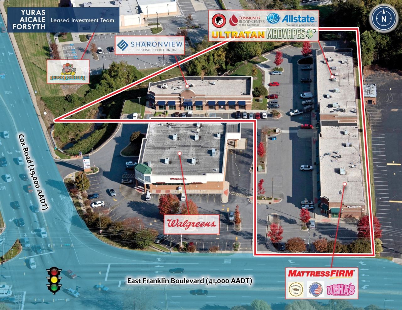Annotated aerial of Franklin Green in Gastonia, North Carolina, with property boundary and tenant callouts.