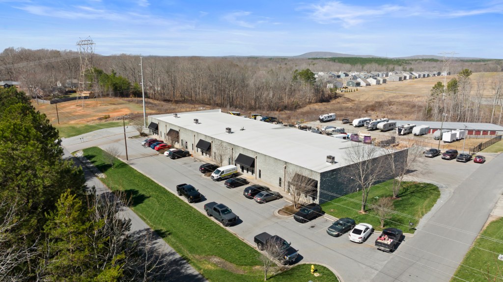 Aerial exterior view of the multi-tenant industrial property on Hagers Hollow Drive in Denver, North Carolina.